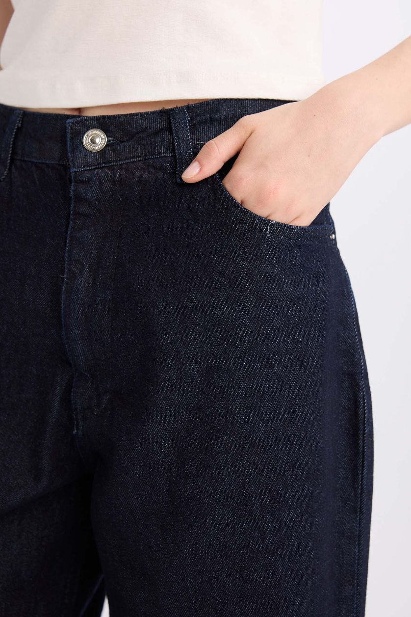 Kadın Koyu Mavi Baggy Fıt Yüksek Bel Uzun Jean Pantolon