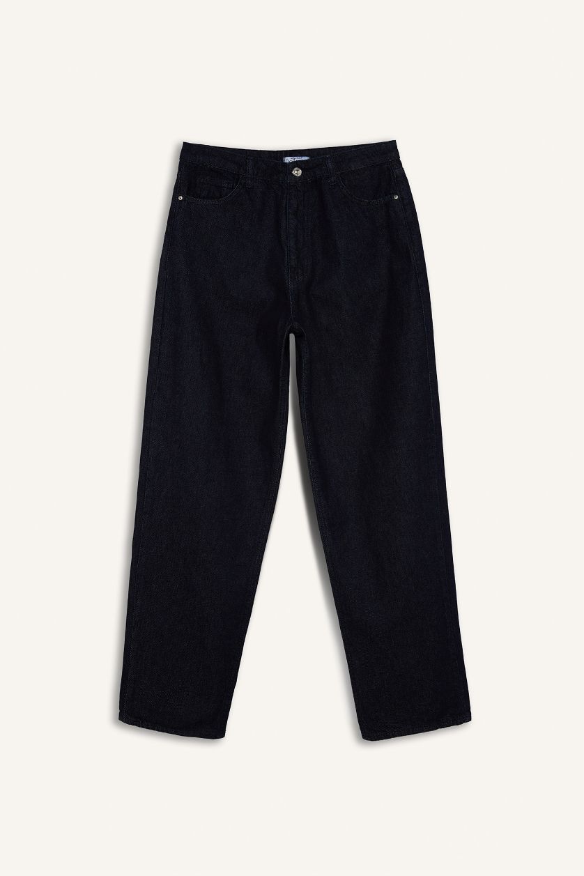 Kadın Koyu Mavi Baggy Fıt Yüksek Bel Uzun Jean Pantolon