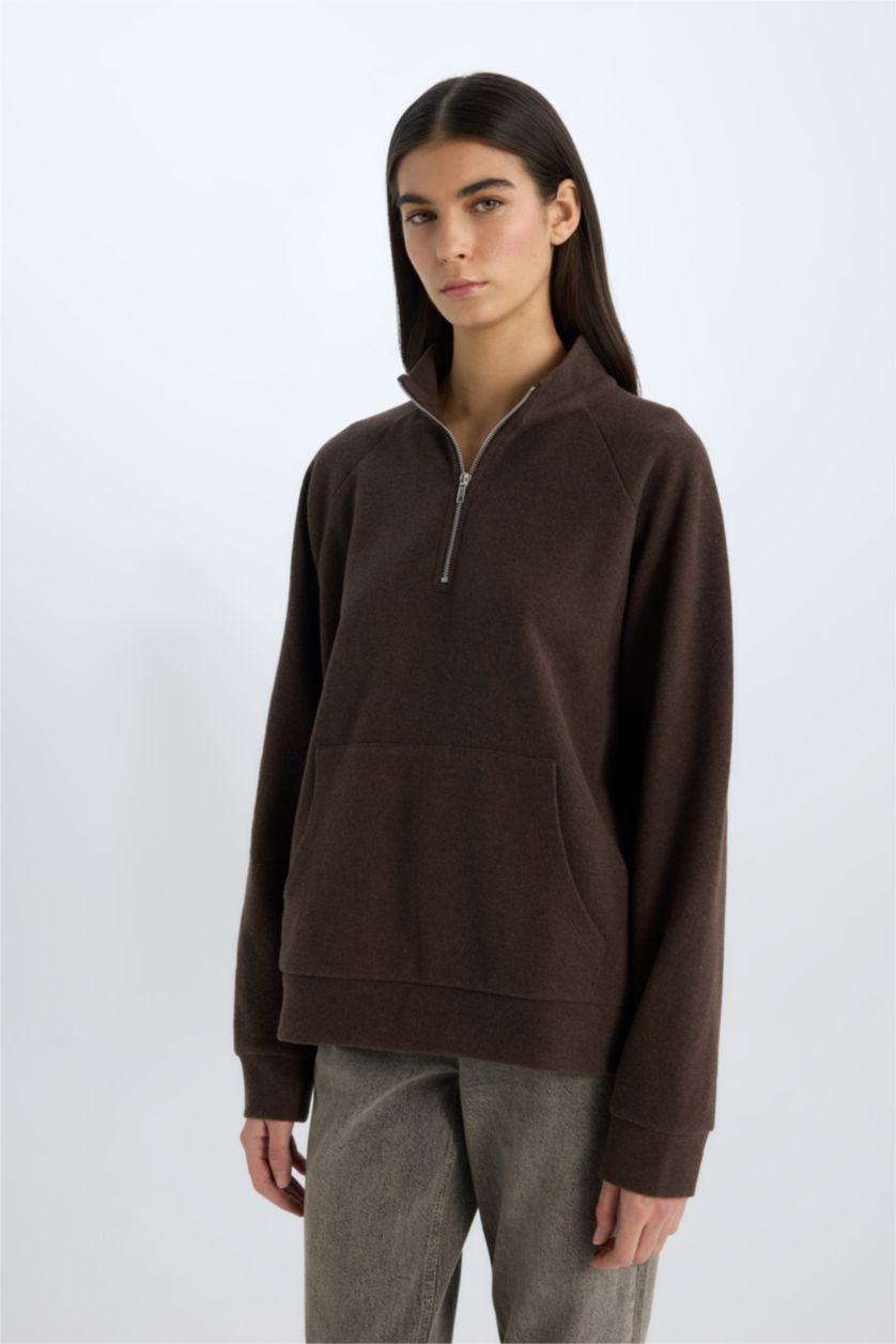 FEMME Marron Sweat-shirt basique Coupe Oversize zippé à manches longues