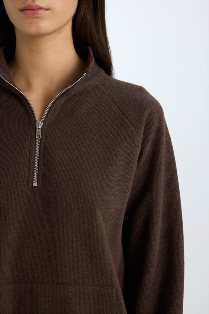 FEMME Marron Sweat-shirt basique Coupe Oversize zippé à manches longues