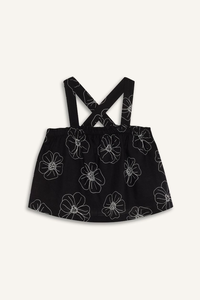 Kız Çocuk - Genç Kız Siyah Çiçekli Askılı Keten Bluz Kız Çocuk