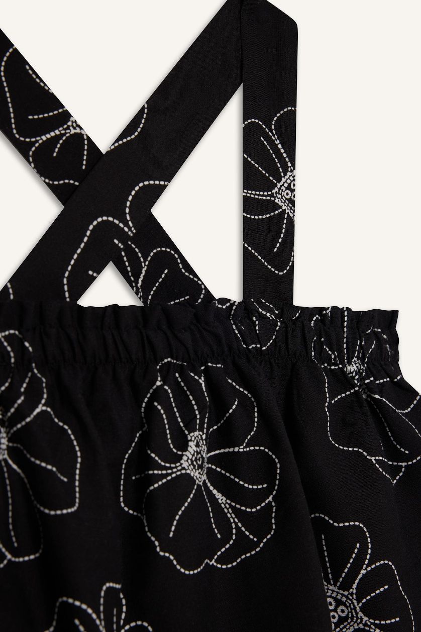 Kız Çocuk - Genç Kız Siyah Çiçekli Askılı Keten Bluz Kız Çocuk