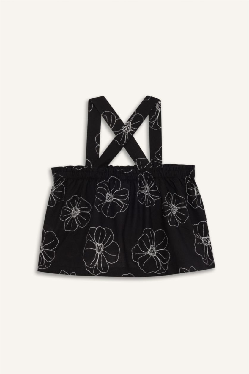 Kız Çocuk - Genç Kız Siyah Çiçekli Askılı Keten Bluz Kız Çocuk