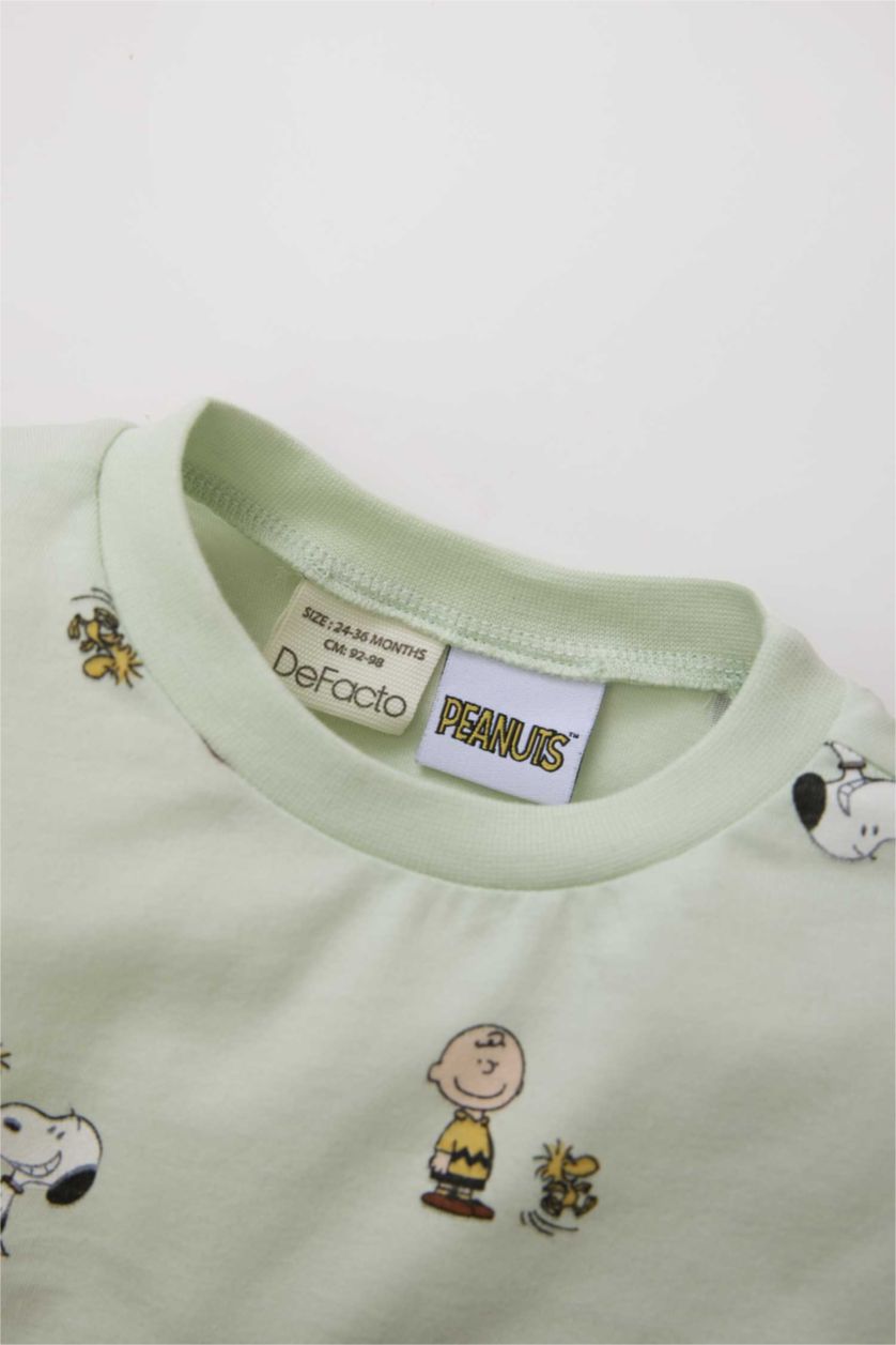 Erkek Bebek Açık Mint Snoopy Pijama Takımı Penye Uzun Kollu Üst Beli Lastikli Uzun Alt Erkek Bebek