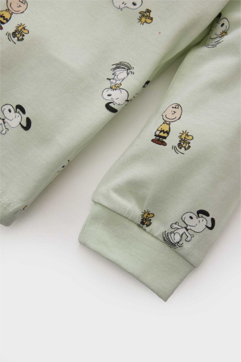 Erkek Bebek Açık Mint Snoopy Pijama Takımı Penye Uzun Kollu Üst Beli Lastikli Uzun Alt Erkek Bebek