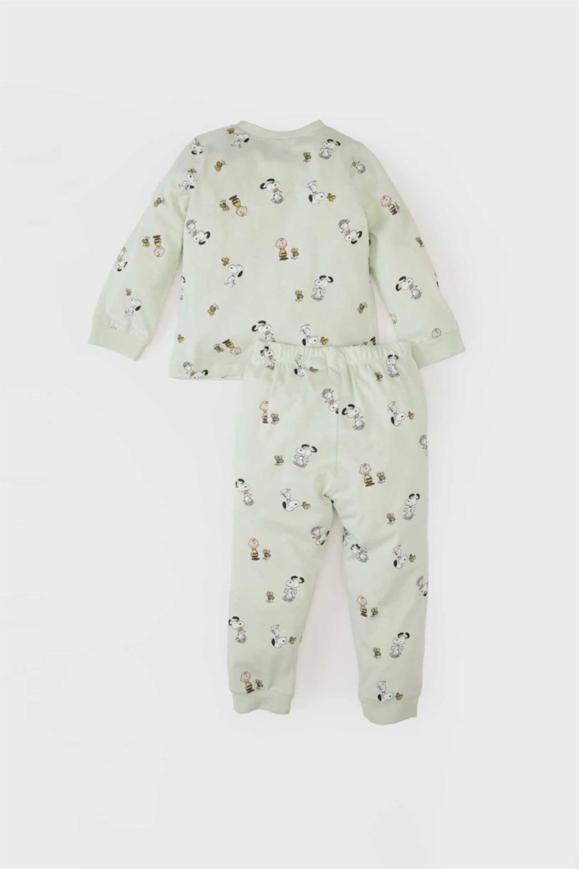 Erkek Bebek Açık Mint Snoopy Pijama Takımı Penye Uzun Kollu Üst Beli Lastikli Uzun Alt Erkek Bebek