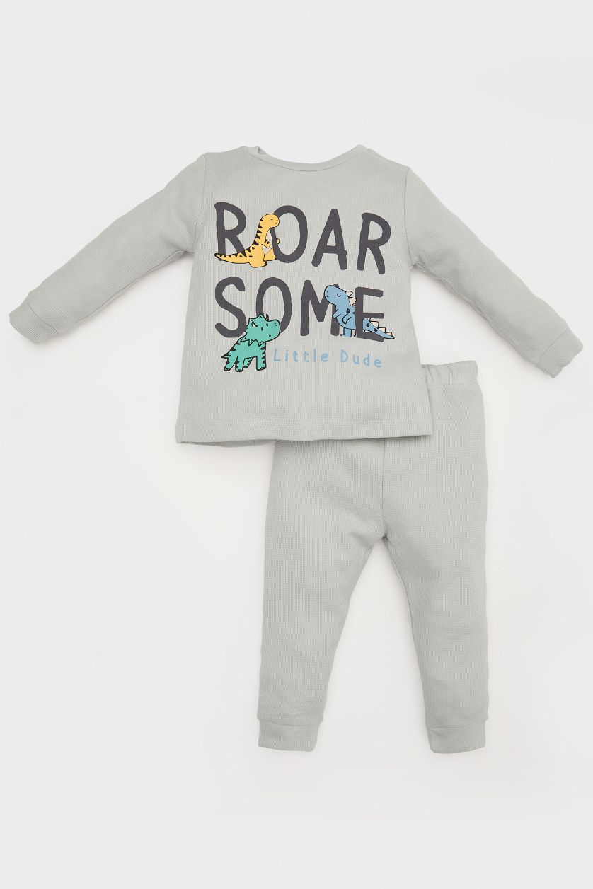 Erkek Bebek Mint Erkek Bebek Pijama Takımı Dinozor Baskılı Waffle Uzun Kollu Üst Beli Lastikli Uzun Alt