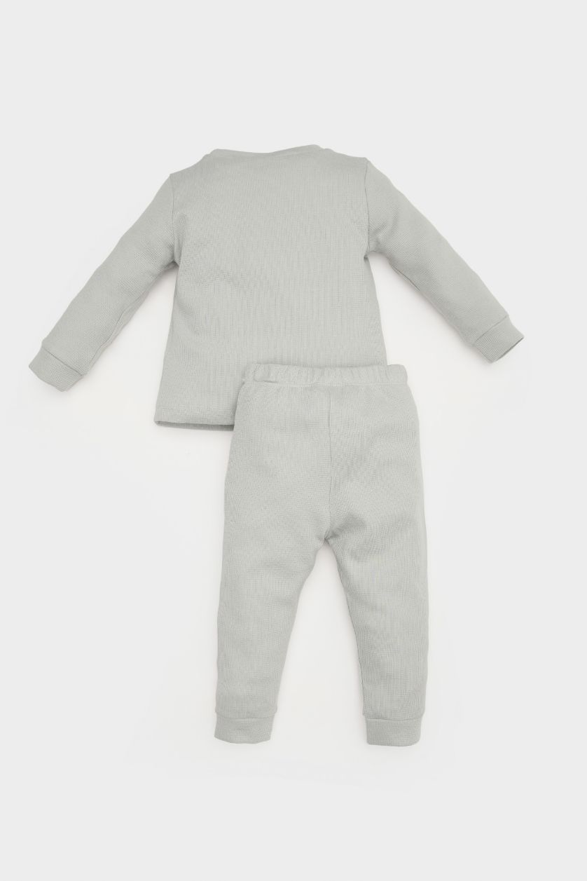 Erkek Bebek Mint Erkek Bebek Pijama Takımı Dinozor Baskılı Waffle Uzun Kollu Üst Beli Lastikli Uzun Alt