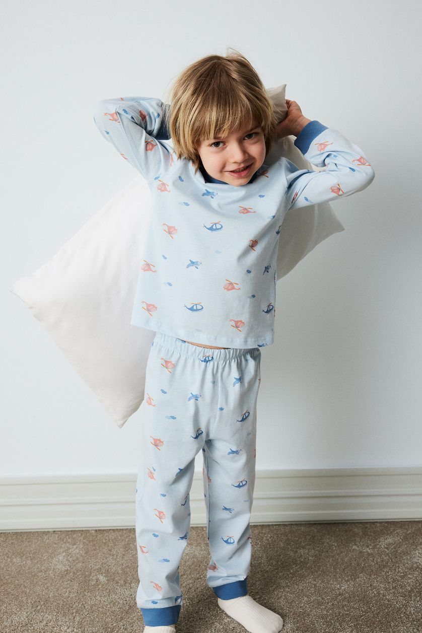 Erkek Bebek Açık Mavi %100 Pamuklu Desenli Beli Lastikli Pijama Takımı Erkek Bebek