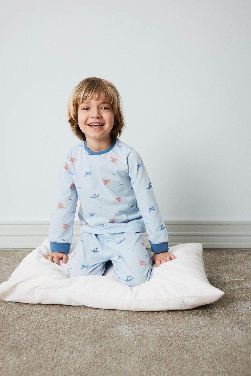 Erkek Bebek Açık Mavi %100 Pamuklu Desenli Beli Lastikli Pijama Takımı Erkek Bebek