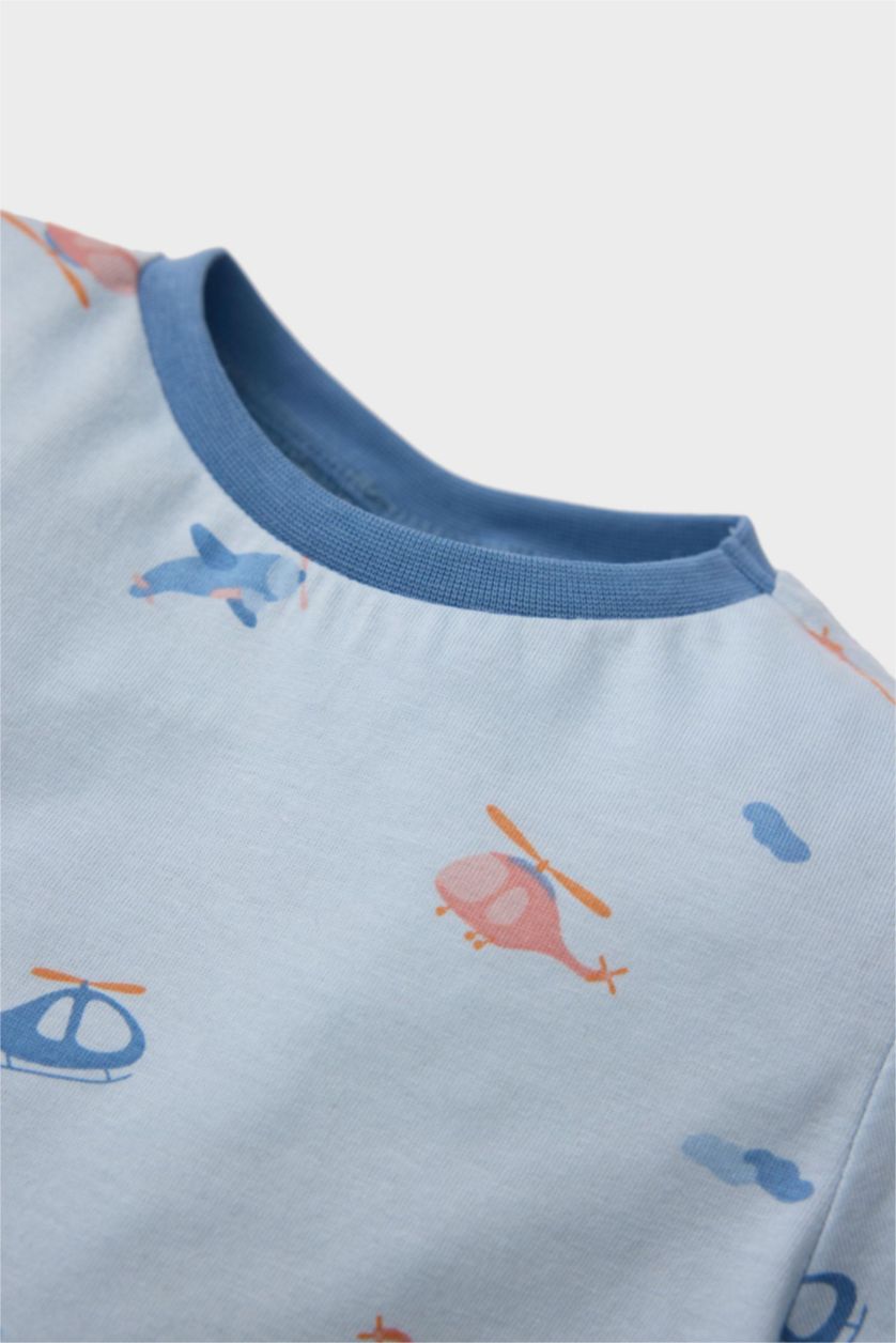 Erkek Bebek Açık Mavi %100 Pamuklu Desenli Beli Lastikli Pijama Takımı Erkek Bebek