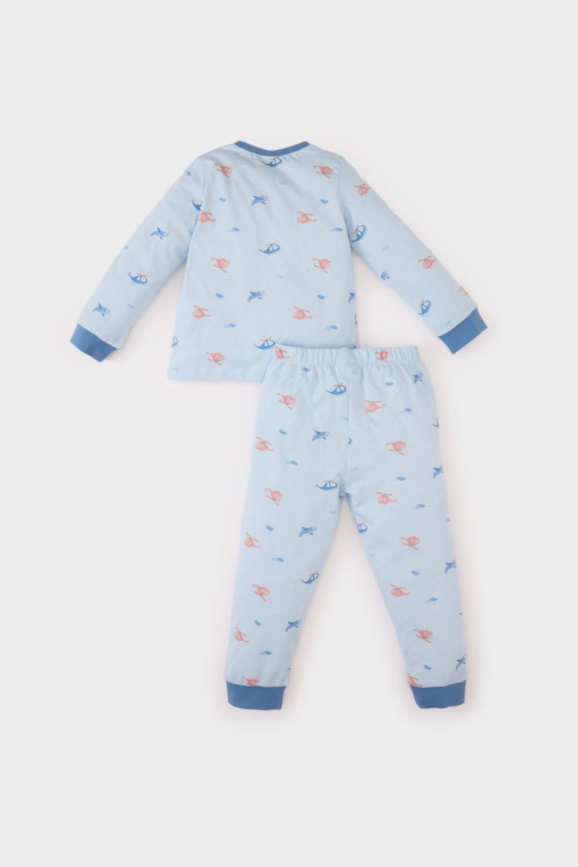 Erkek Bebek Açık Mavi %100 Pamuklu Desenli Beli Lastikli Pijama Takımı Erkek Bebek
