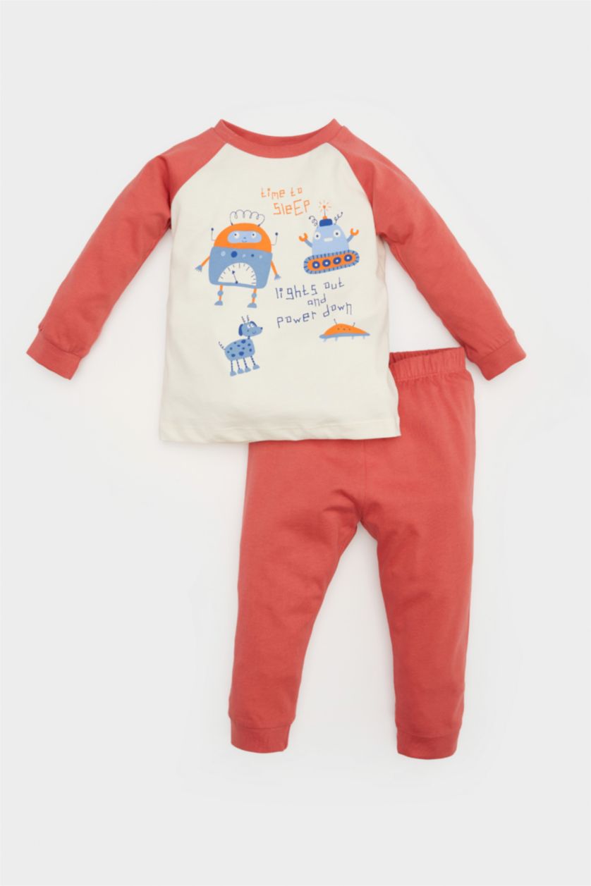 Erkek Bebek Kiremit Pijama Takımı Araç Baskılı Uzun Kollu Penye Üst Beli Lastikli Uzun Alt Erkek Bebek