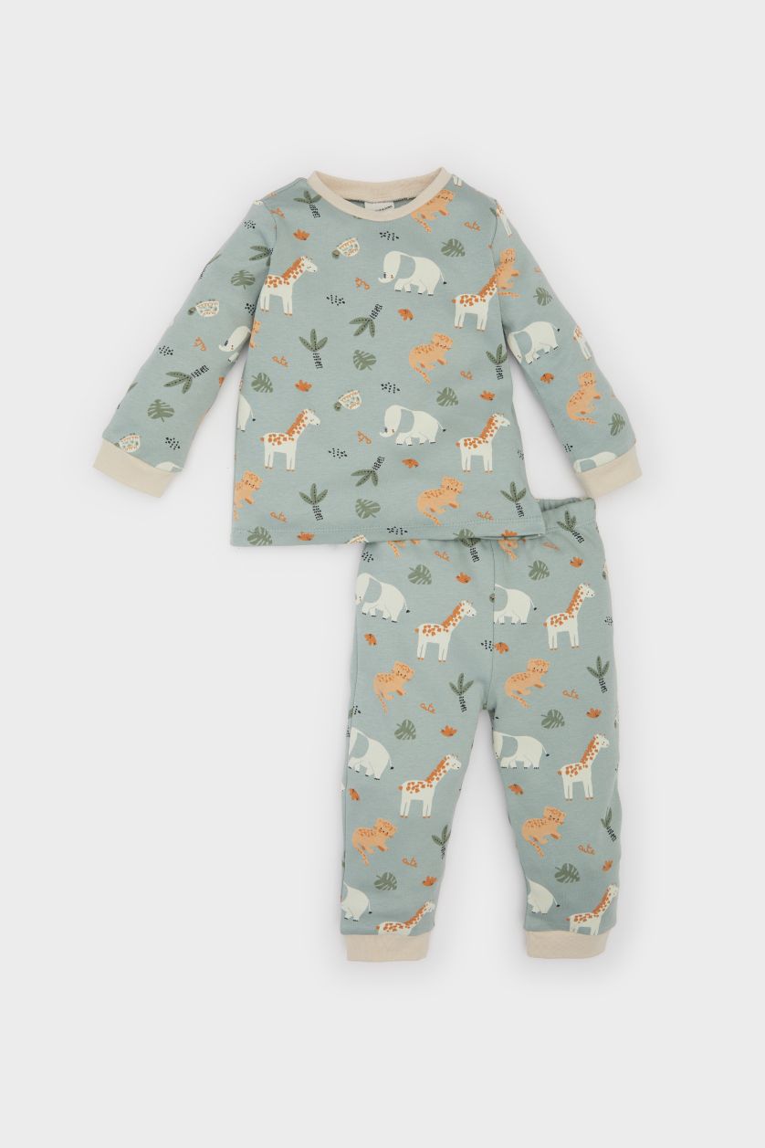 Erkek Bebek Açık Haki %100 Pamuklu Safari Baskılı Pijama Takımı Erkek Bebek