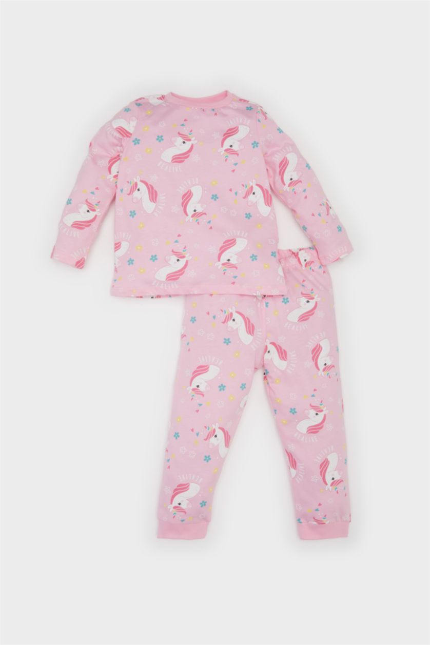 Kız Bebek Pembe Unicorn Baskılı Pijama Takımı Uzun Kollu Üst Beli Lastikli Uzun Alt Kız Bebek