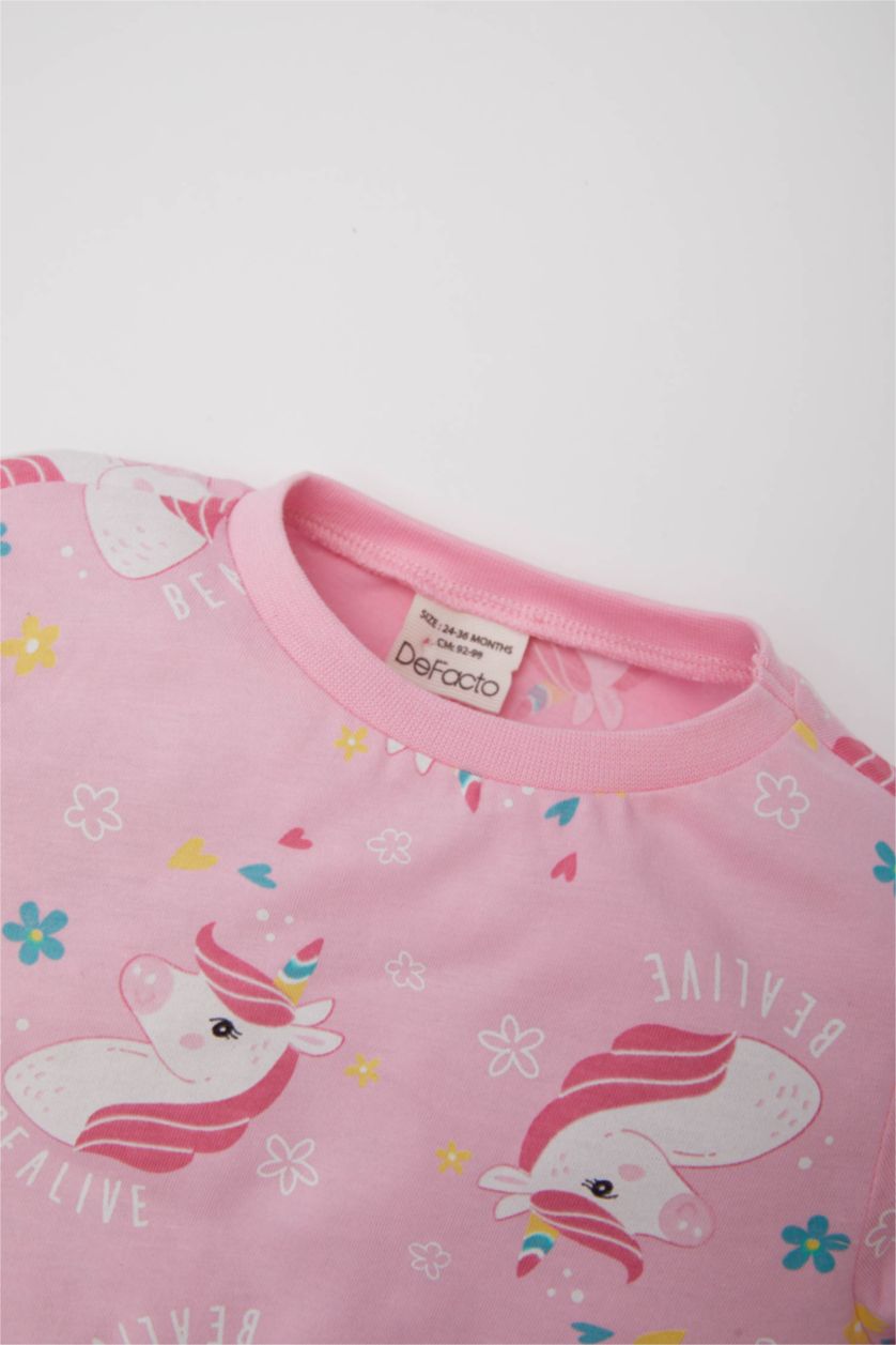 Kız Bebek Pembe Unicorn Baskılı Pijama Takımı Uzun Kollu Üst Beli Lastikli Uzun Alt Kız Bebek