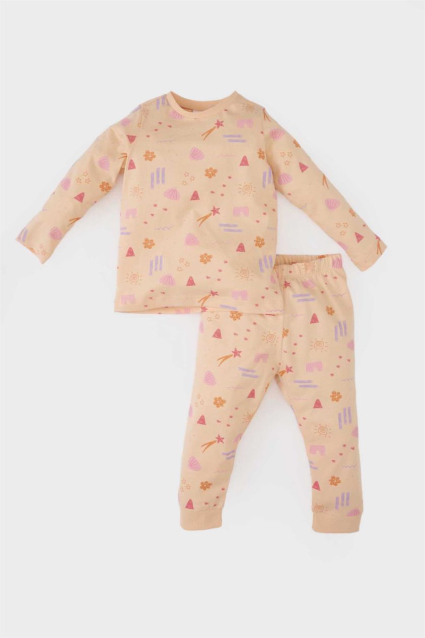 Kız Bebek Somon Pijama Takımı Desenli Uzun Kollu Penye Üst Beli Lastikli Uzun Alt Kız Bebek