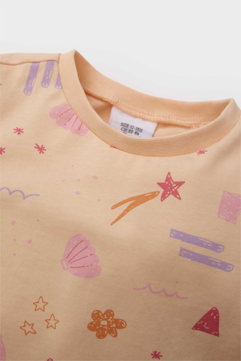 Kız Bebek Somon Pijama Takımı Desenli Uzun Kollu Penye Üst Beli Lastikli Uzun Alt Kız Bebek