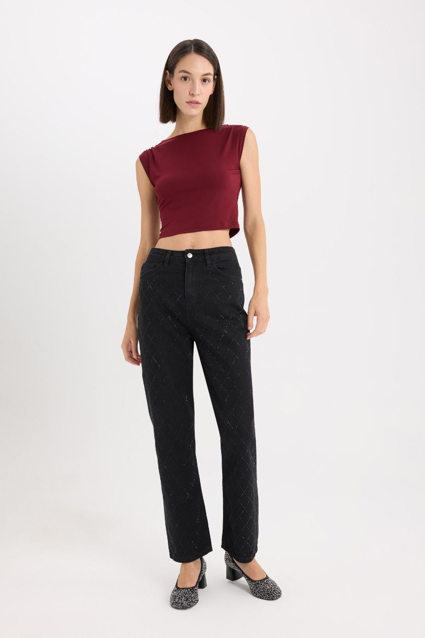 حريمي أسود بنطلون جينز قصة مستقيمة وخصر عالي