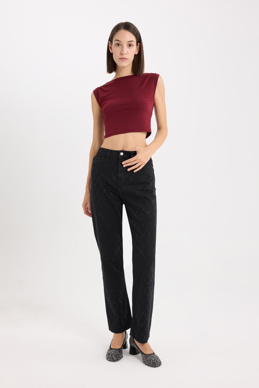 حريمي أسود بنطلون جينز قصة مستقيمة وخصر عالي