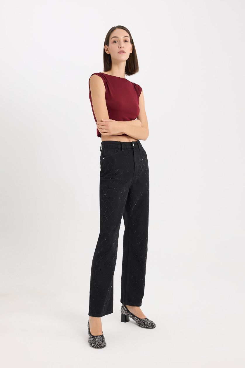 حريمي أسود بنطلون جينز قصة مستقيمة وخصر عالي