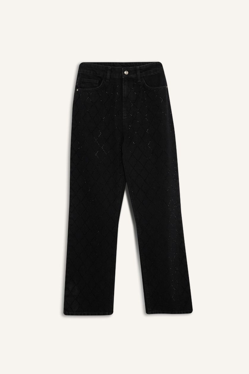 حريمي أسود بنطلون جينز قصة مستقيمة وخصر عالي