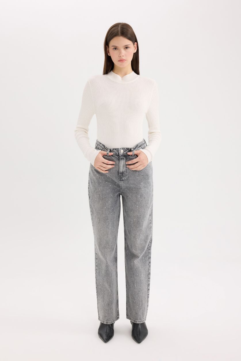 WOMAN Grey Straight Fit High Waist Ankle Length Washed Jeans