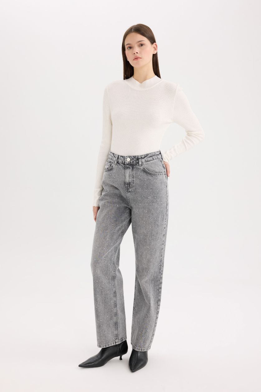 WOMAN Grey Straight Fit High Waist Ankle Length Washed Jeans