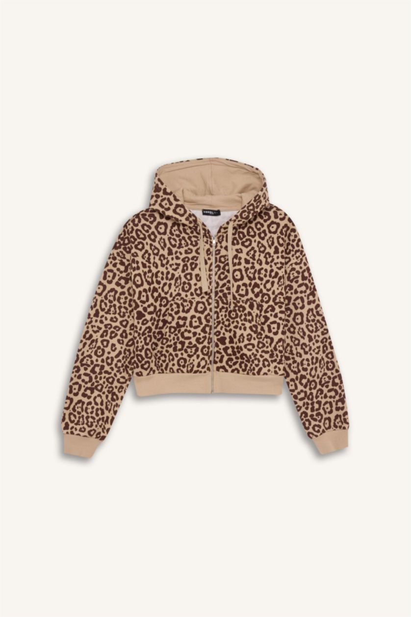 FEMME Beige Sweat à capuche zippé à Coupe Ample avec motif Léopard