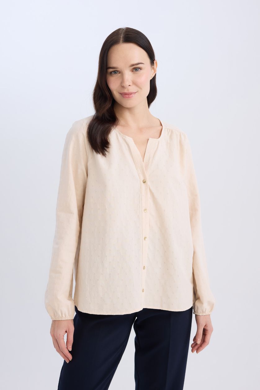 Женщины Бежевый Обычный крой, круглый вырез, рубашка с длинными рукавами