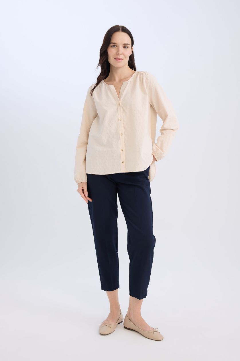 Женщины Бежевый Обычный крой, круглый вырез, рубашка с длинными рукавами