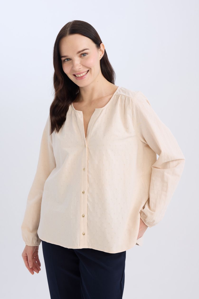 Женщины Бежевый Обычный крой, круглый вырез, рубашка с длинными рукавами