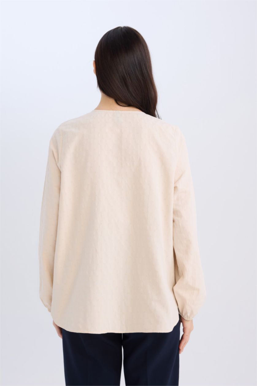 Женщины Бежевый Обычный крой, круглый вырез, рубашка с длинными рукавами