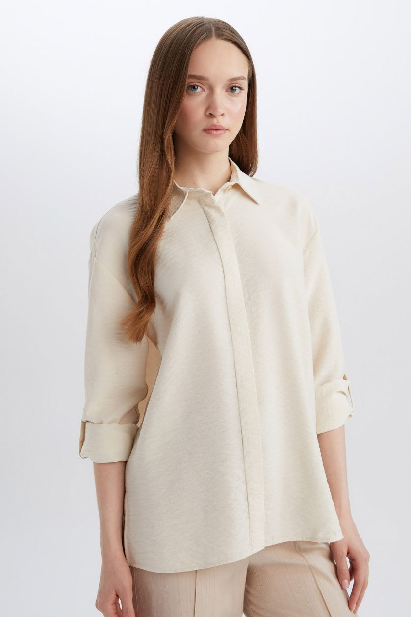 Kadın Ekru Regular Fit Basic Düz Uzun Kollu Gömlek Tunik