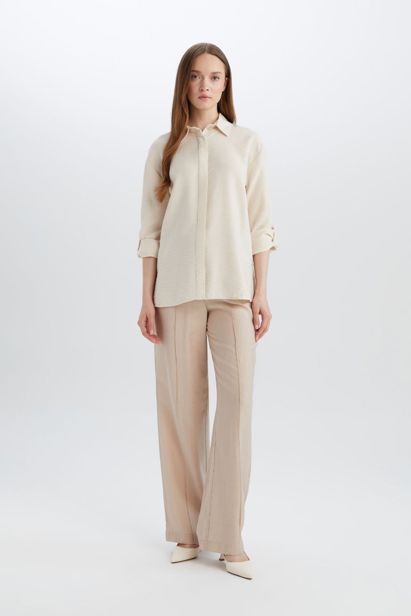 Kadın Ekru Regular Fit Basic Düz Uzun Kollu Gömlek Tunik