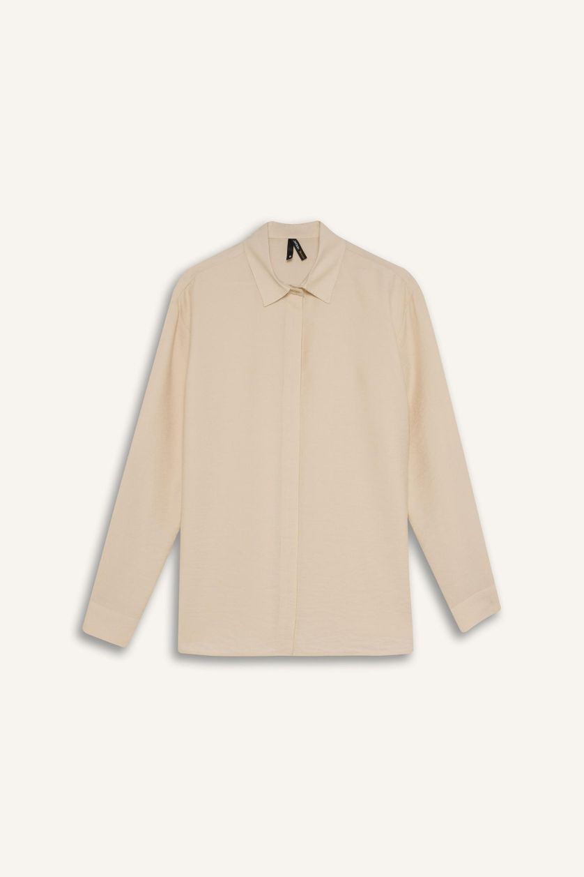 Kadın Ekru Regular Fit Basic Düz Uzun Kollu Gömlek Tunik