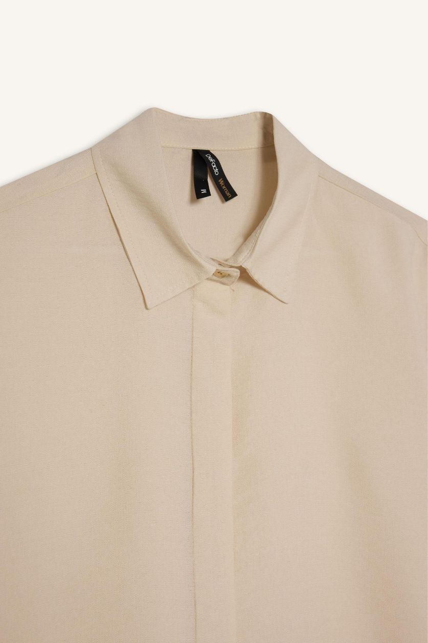 Kadın Ekru Regular Fit Basic Düz Uzun Kollu Gömlek Tunik