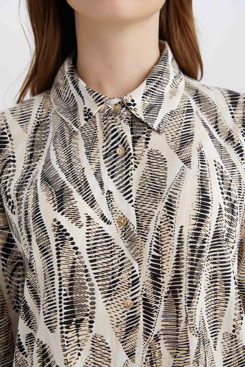 Woman Black Regular Fit Shirt Collar Long Sleeve Tunic