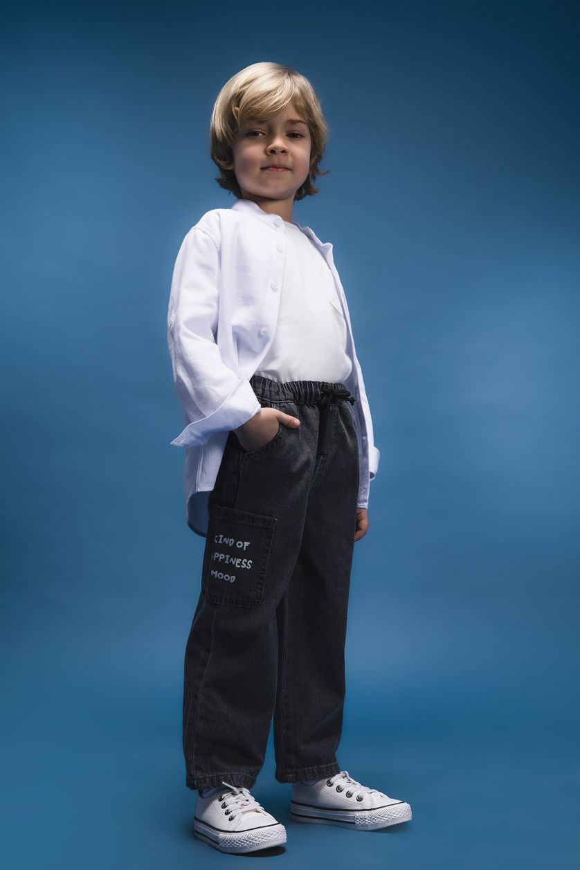 Erkek Bebek Antrasit Beli Lastikli Cepli Baskılı Jean Pantolon Erkek Bebek