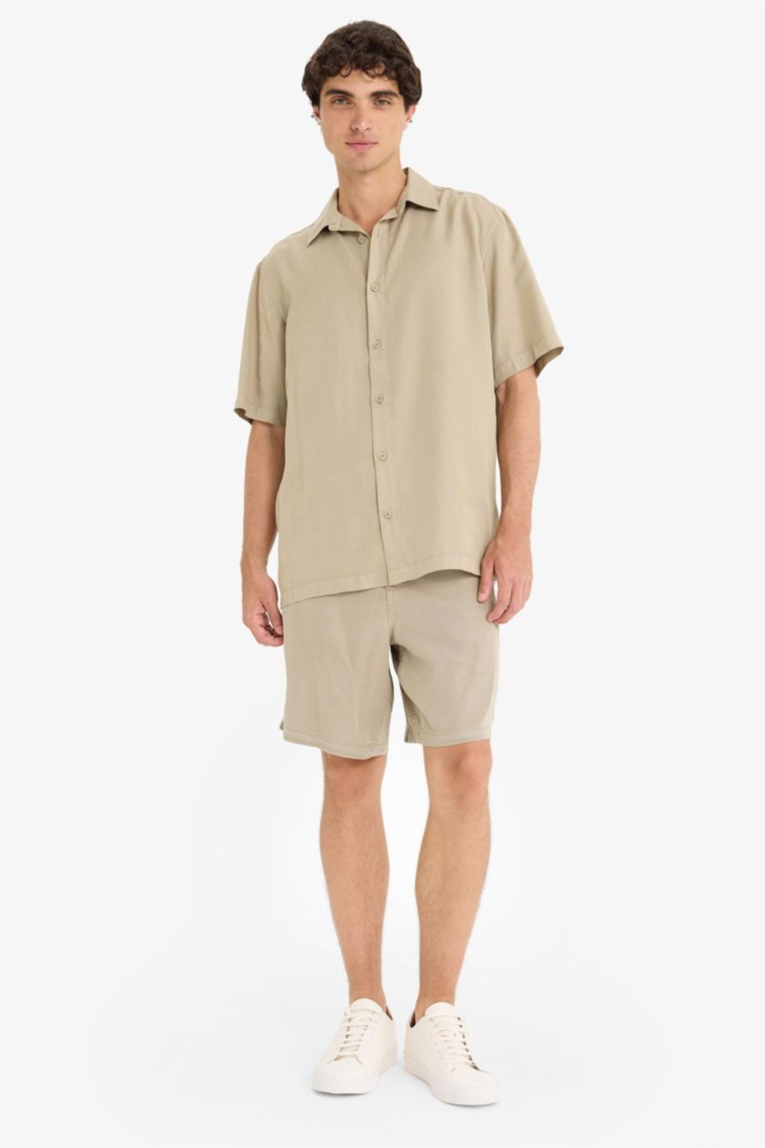 Erkek Açık Haki Relax Fit Tencel Bermuda Şort