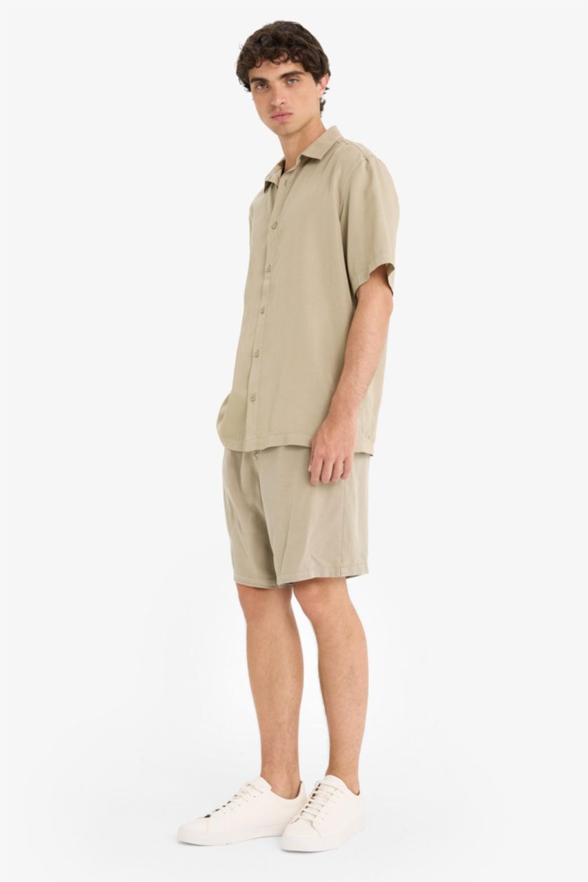 Erkek Açık Haki Relax Fit Tencel Bermuda Şort