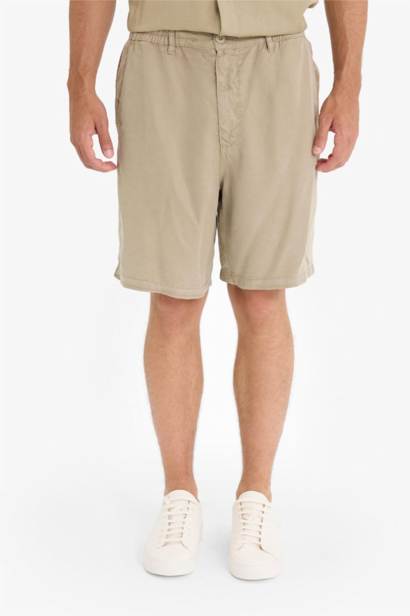 Erkek Açık Haki Relax Fit Tencel Bermuda Şort