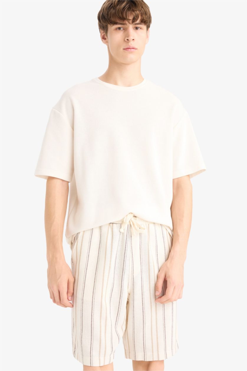 Erkek Taş Regular Fit Jakarlı Çizgili Bermuda Şort