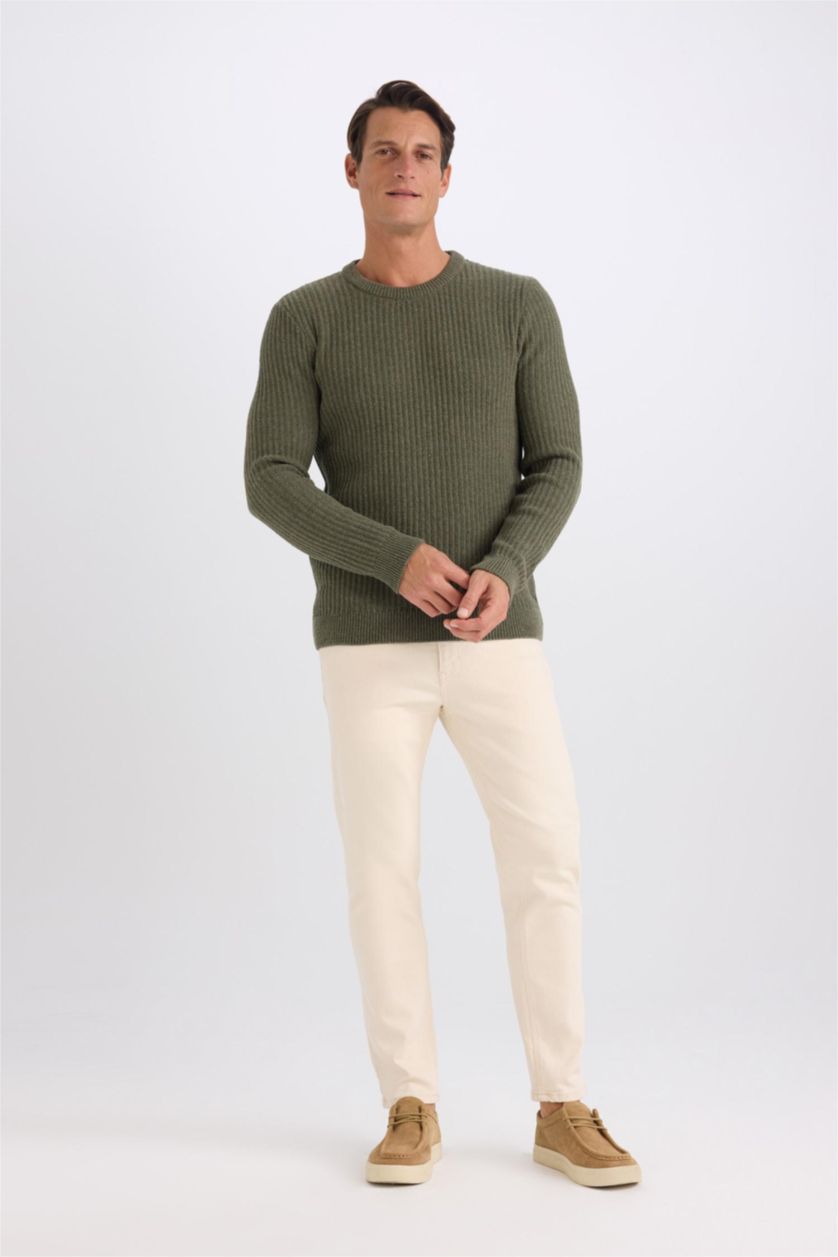 Erkek Koyu Yeşil Standart Fit Bisiklet Yaka Dokulu Triko Kazak