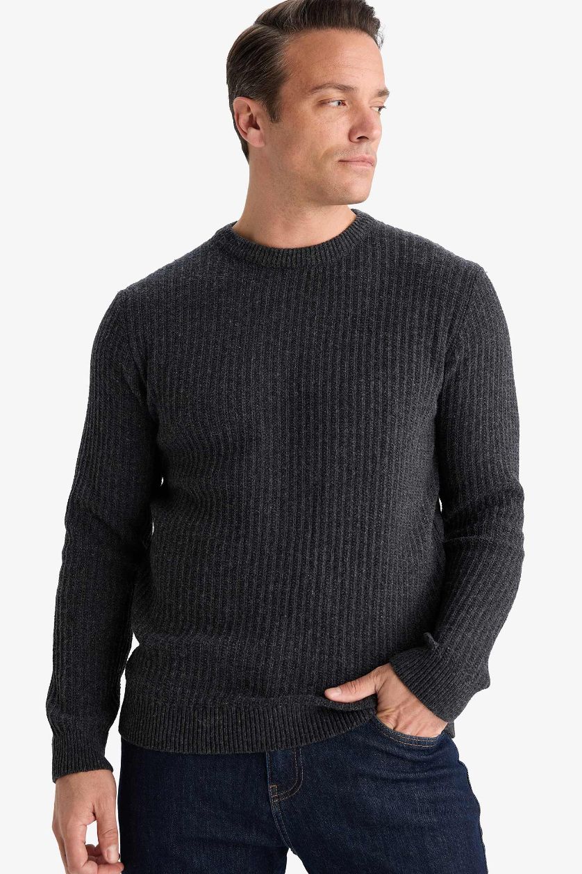 Erkek Antrasit Melanj Standart Fit Bisiklet Yaka Basic Dokulu Triko Kazak