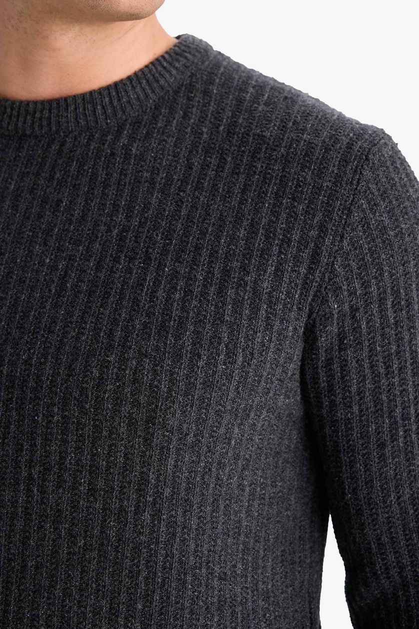 Erkek Antrasit Melanj Standart Fit Bisiklet Yaka Basic Dokulu Triko Kazak