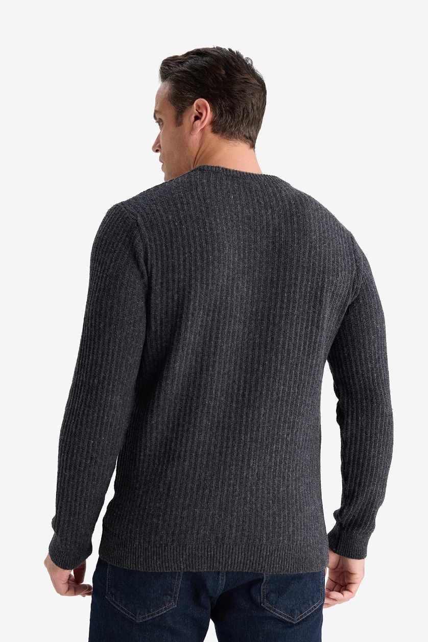 Erkek Antrasit Melanj Standart Fit Bisiklet Yaka Basic Dokulu Triko Kazak