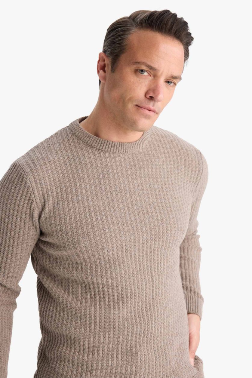 Erkek Bej Melanj Standart Fit Bisiklet Yaka Basic Dokulu Triko Kazak