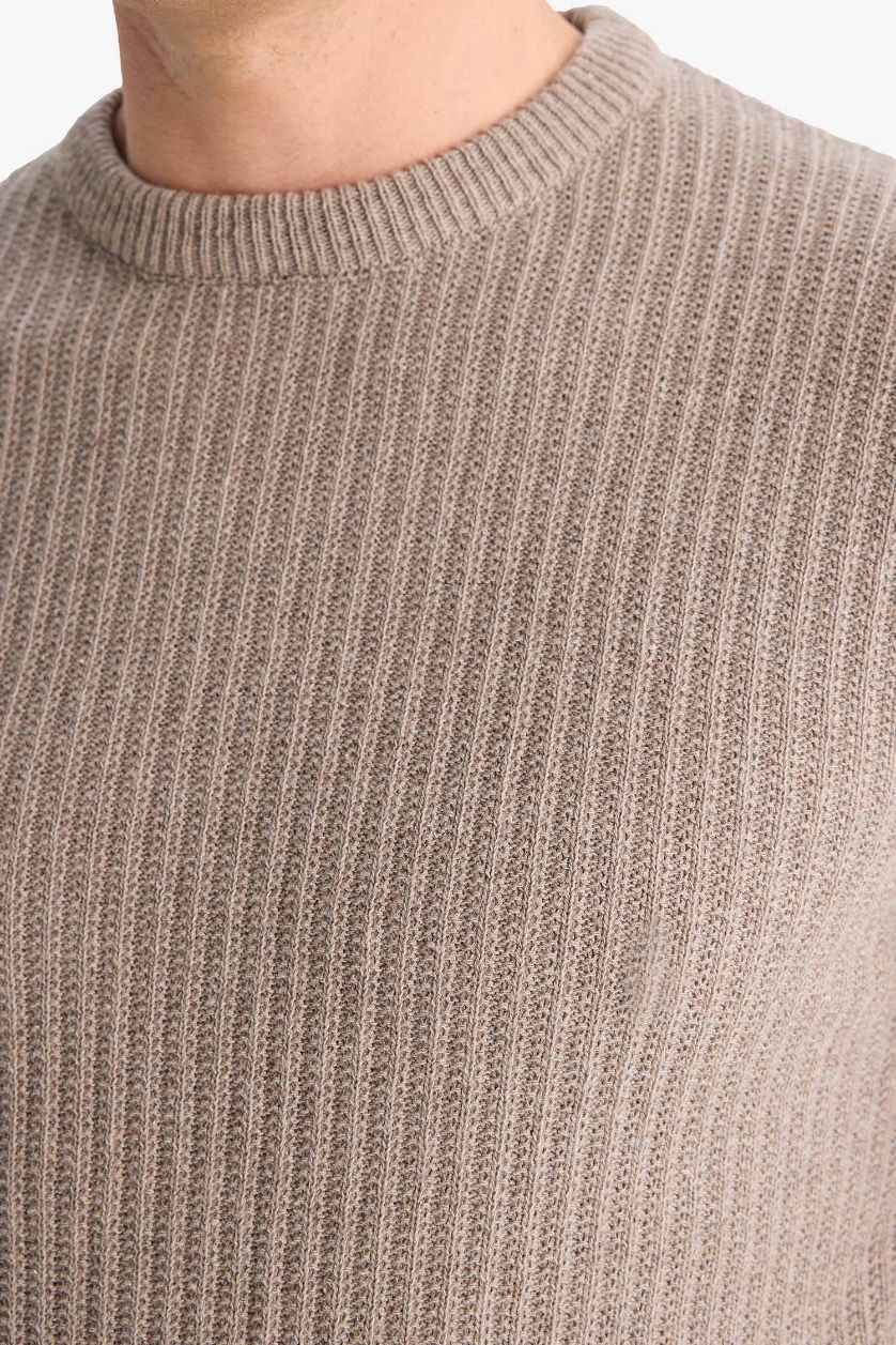 Erkek Bej Melanj Standart Fit Bisiklet Yaka Basic Dokulu Triko Kazak