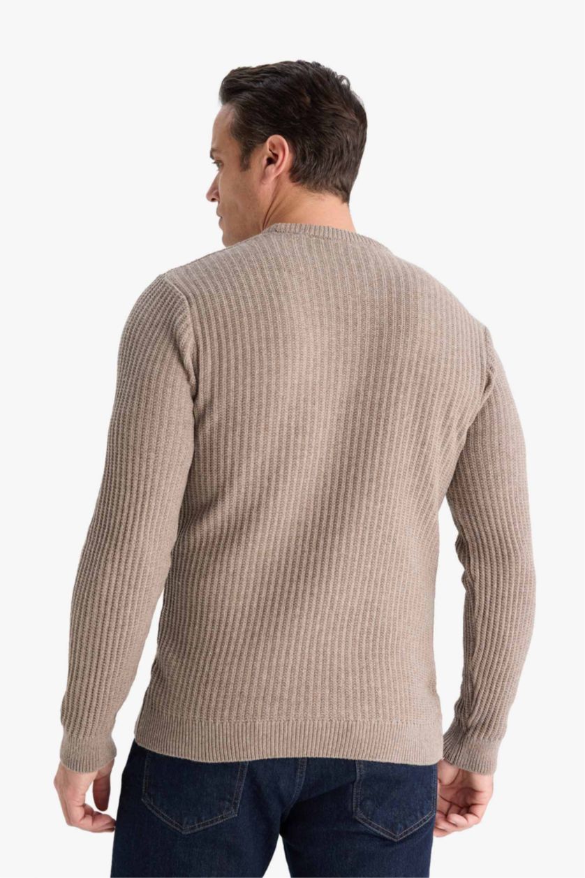 Erkek Bej Melanj Standart Fit Bisiklet Yaka Basic Dokulu Triko Kazak